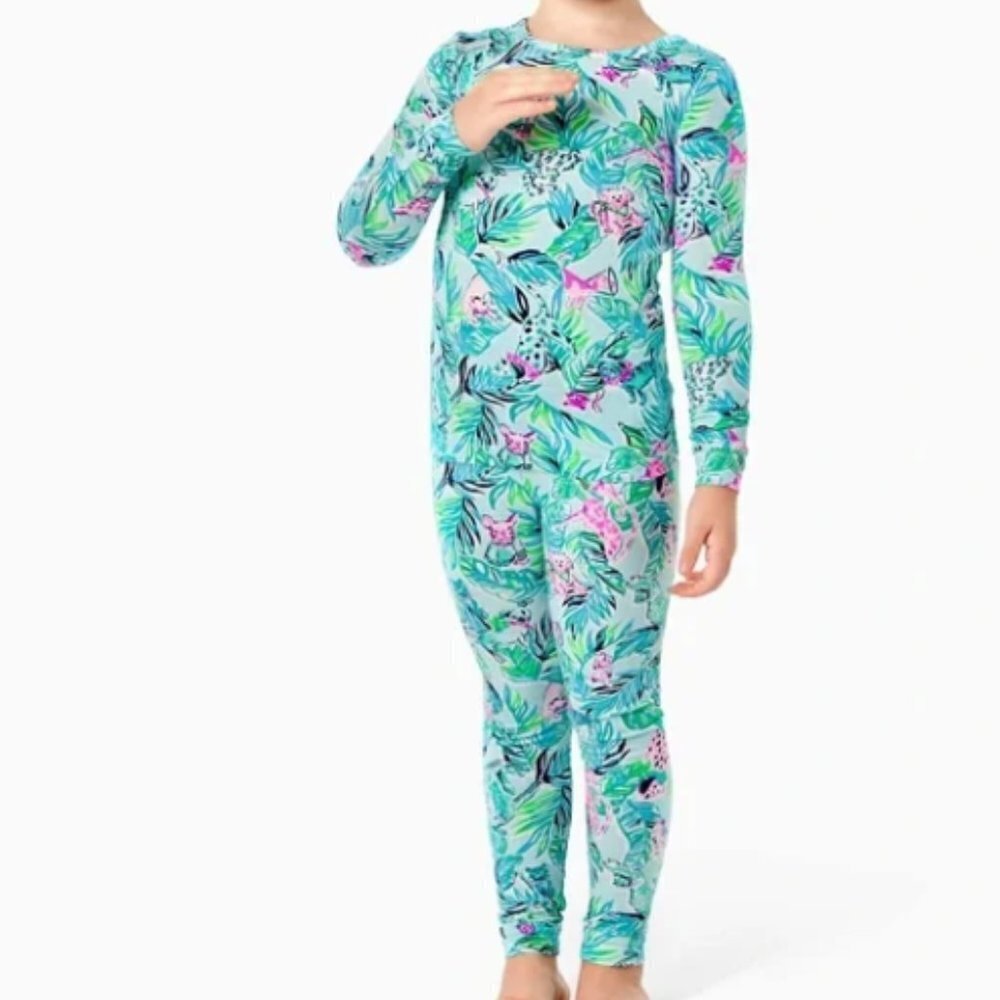 Lilly Pulitzer Girls Sammy pajama set in Sea Salt Blue Barking Up the Wrong Tree